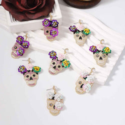 Sequin Flower Skull Halloween Earrings