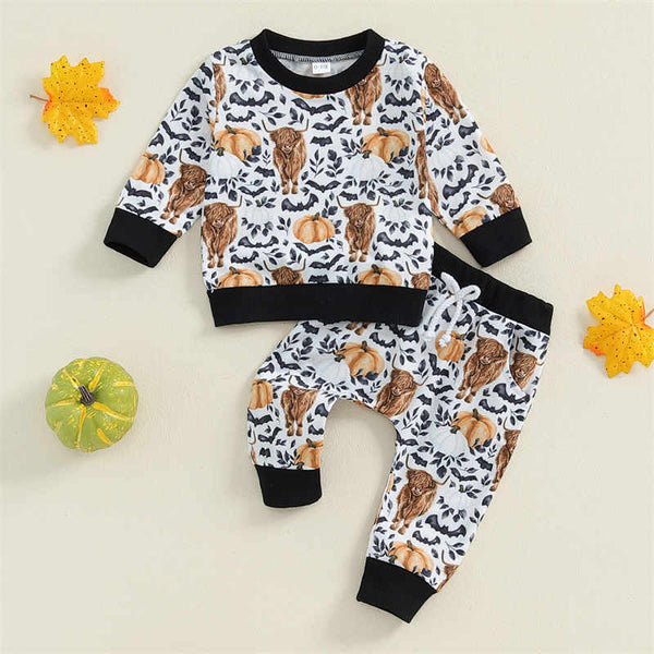 Pumpkin Bat Print Long Sleeve Baby Two-Piece Suit