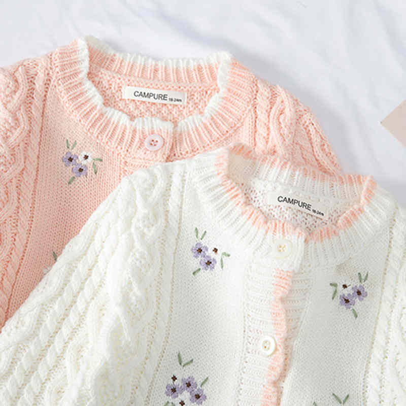 Girls' Knitted Sweater with Embroidered Flowers