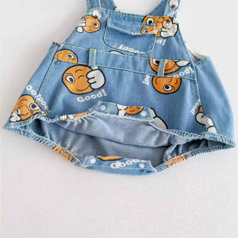 Cartoon Denim Printed Overalls + Hat