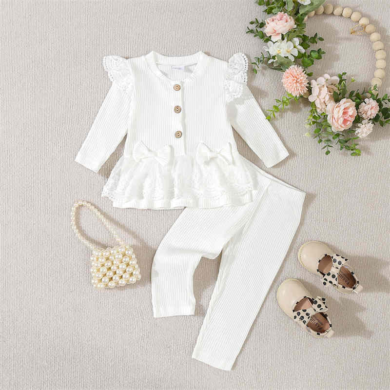 Solid Color Lace Bow Long Sleeve Trousers