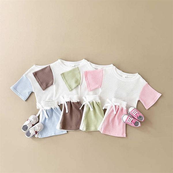 Patchwork Waffle Short-sleeved Shorts Set