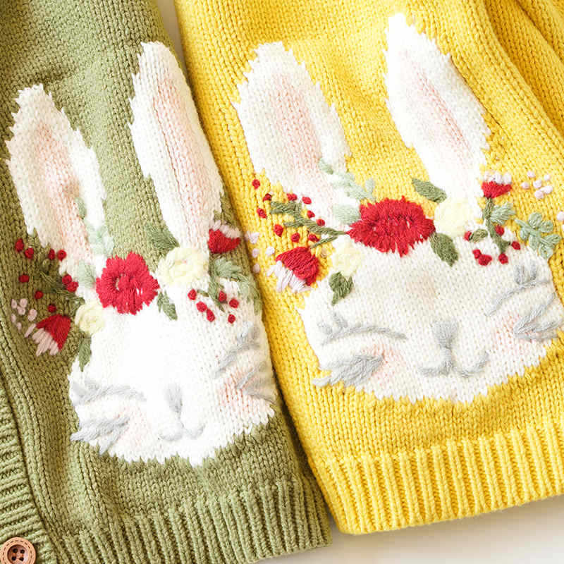 Embroidered Cartoon Rabbit Flower Knitted Cardigan Sweater