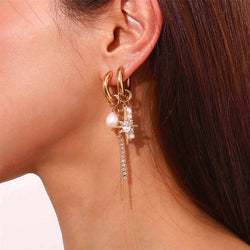 Pearl Zircon Eight-pointed Star Chain Earrings