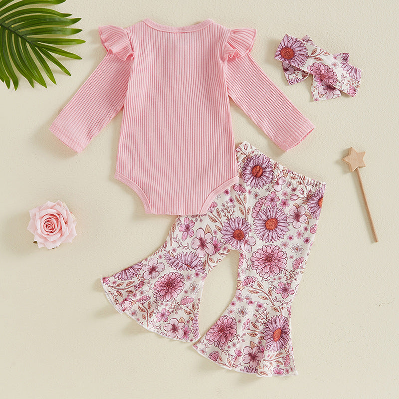 Baby Girl Long Sleeve Romper + Flower Flared Pants