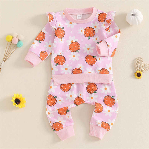 Long-sleeved Pumpkin Print Halloween Two-piece Set