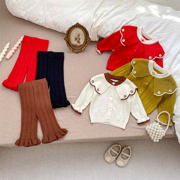 Sweater Flower Lapel Knit Top + Flared Pants Set