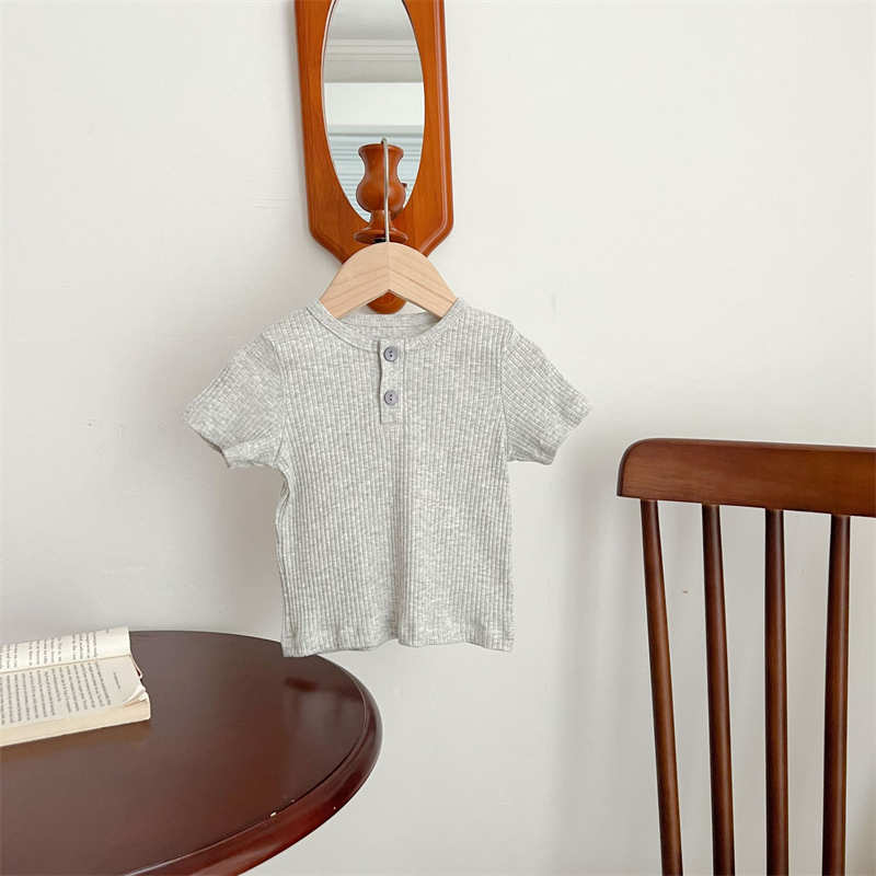 Solid Color Button Round Neck Short Sleeves