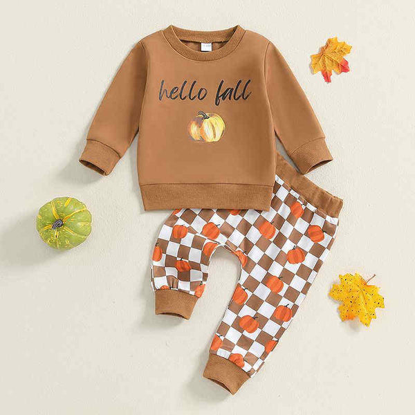 Halloween Pumpkin Plaid Print Long-sleeved Two-piece Set