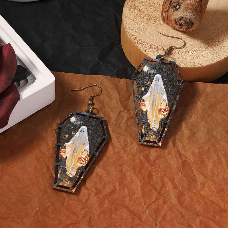 Wooden Printed Skull Halloween Earrings