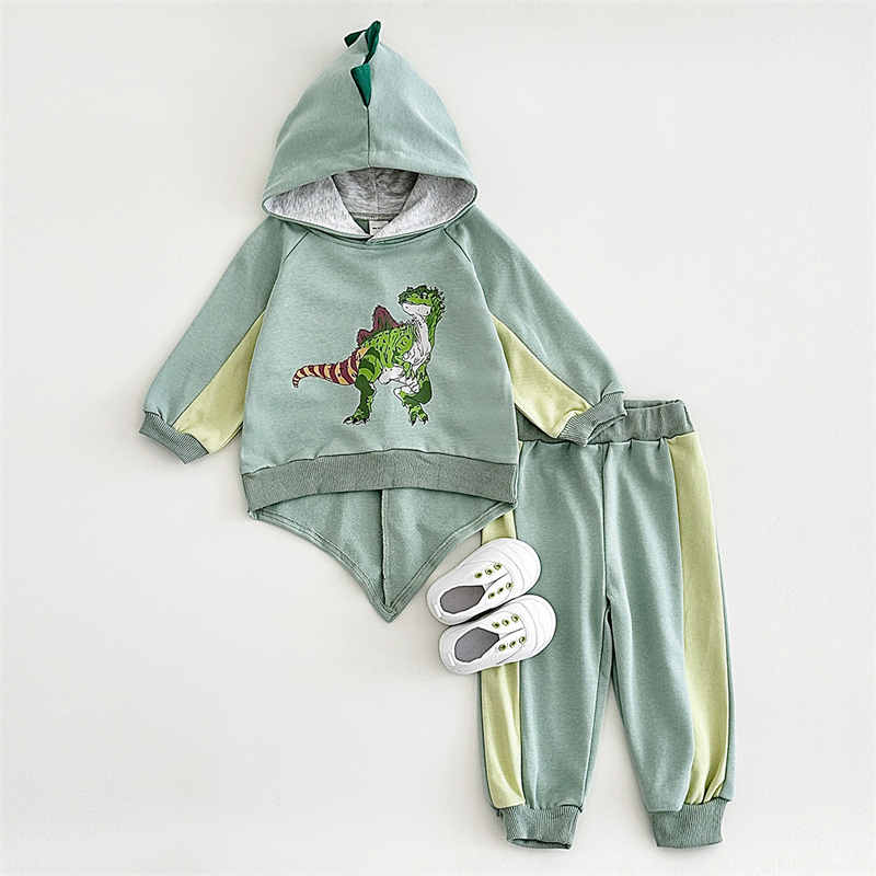 Boys and Girls Little Dinosaur Hooded Long-sleeved Two-piece Suit