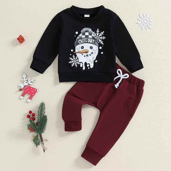 Snowman Print Long-sleeved Trousers Two-piece Suit