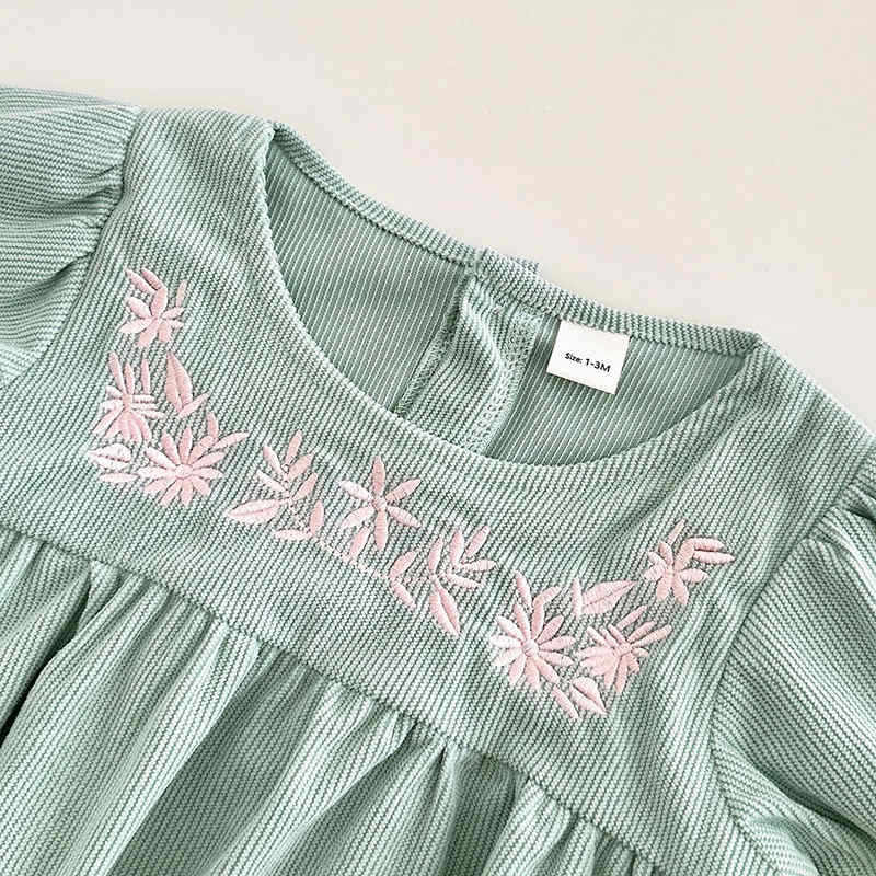 Corduroy Long-sleeved Floral Embroidered Baby Girl Bodysuit