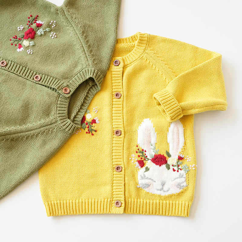 Embroidered Cartoon Rabbit Flower Knitted Cardigan Sweater