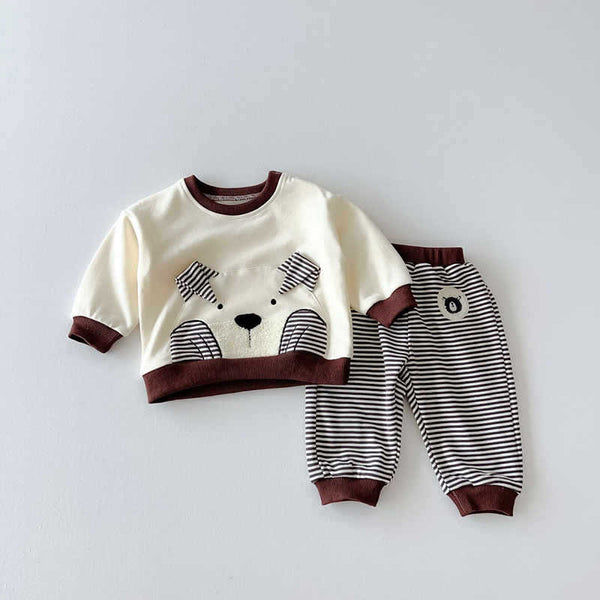 Bear Cartoon Round Neck Striped Two-piece Suit