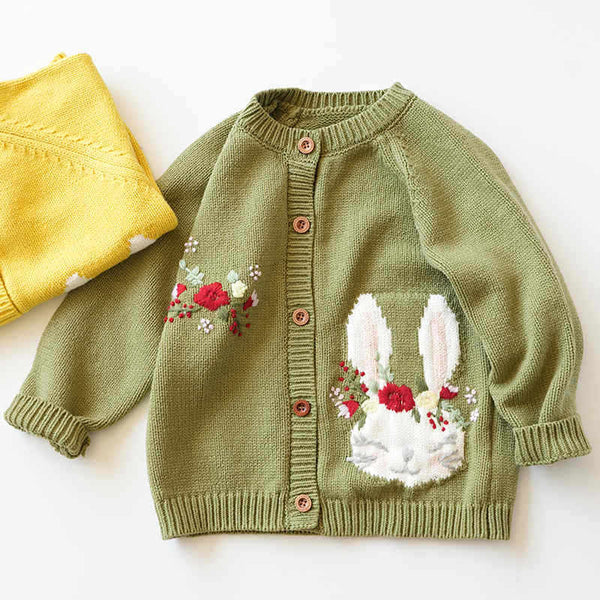 Embroidered Cartoon Rabbit Flower Knitted Cardigan Sweater