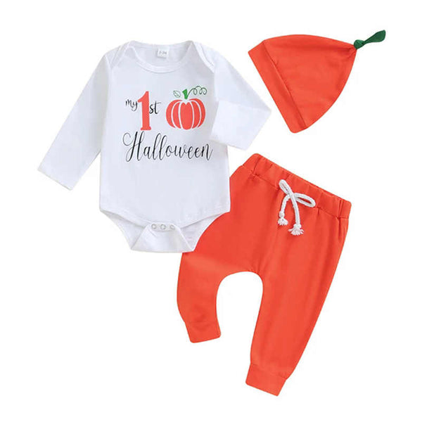 Kids Halloween Pumpkin Long Sleeve Jumpsuit Solid Color Trousers