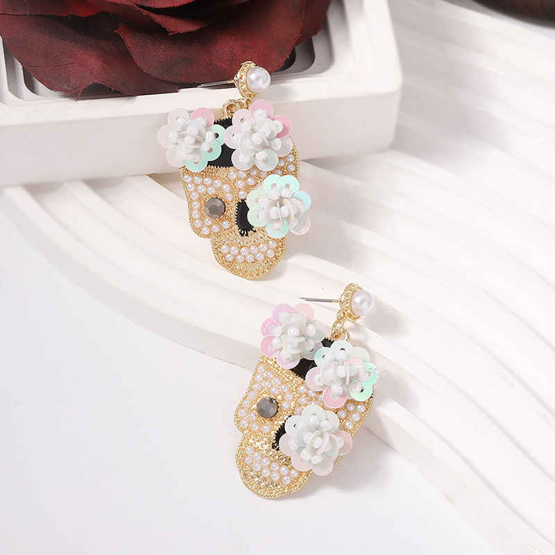 Sequin Flower Skull Halloween Earrings