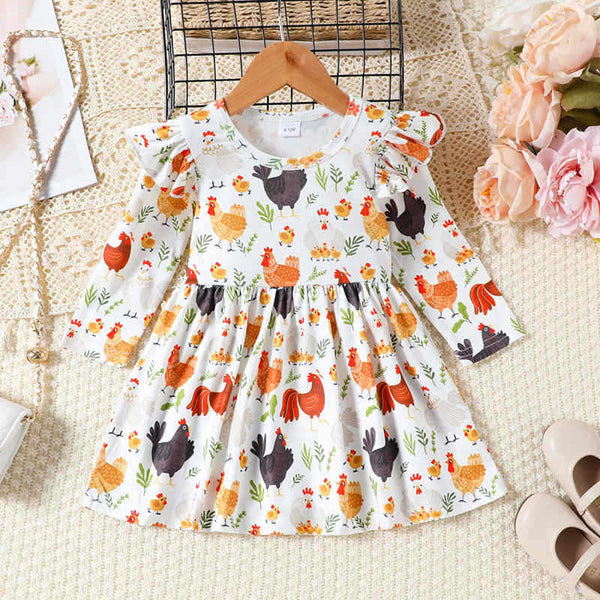 Girls Rooster Print Fly Sleeve Dress