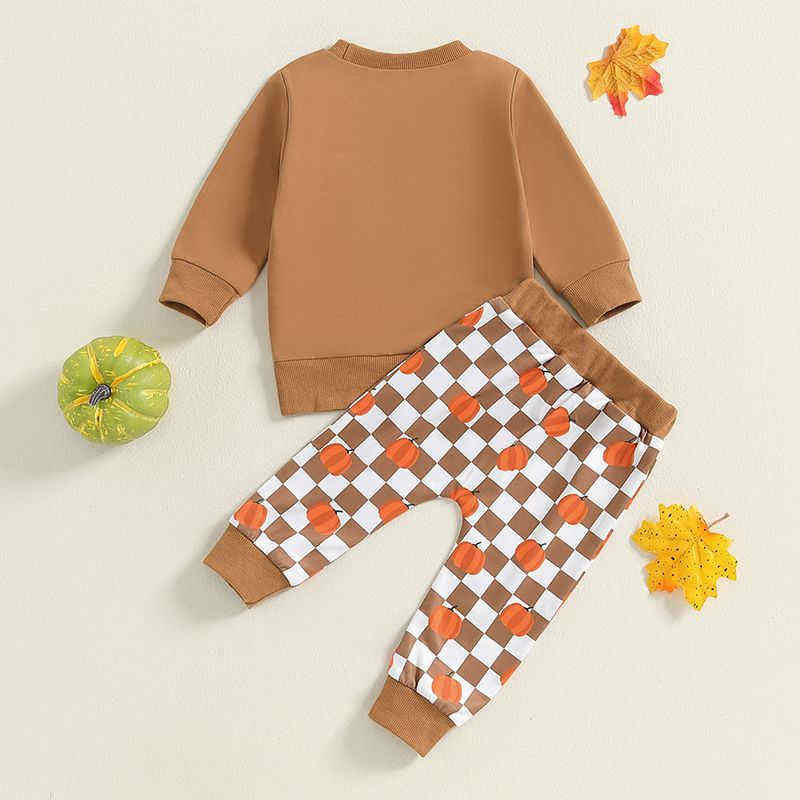 Halloween Pumpkin Plaid Print Long-sleeved Two-piece Set