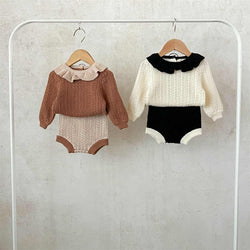 Baby Hollow Lotus Leaf Collar Knitted Shorts Two-piece Set