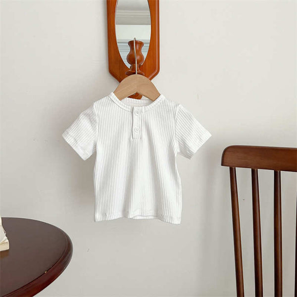 Solid Color Button Round Neck Short Sleeves