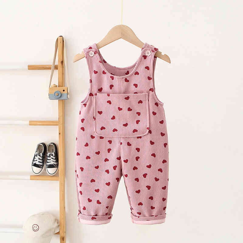 Girls Heart Print Corduroy Jumpsuit