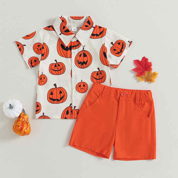 Halloween Pumpkin Print Shirt Two-Piece Set