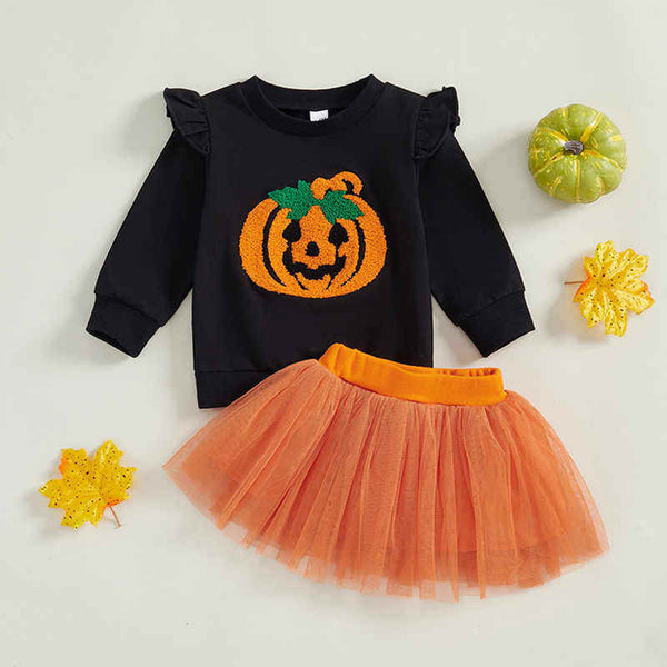 Pumpkin Embroidered Long Sleeve Top + Mesh Skirt Set