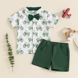 Children's Tractor Print Short-sleeved Shirt and Shorts Set