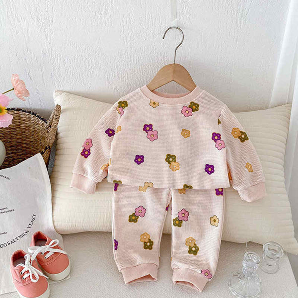 Waffle Flower Print Long-sleeved Two-piece Suit