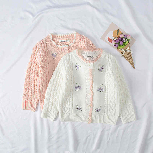 Girls' Knitted Sweater with Embroidered Flowers