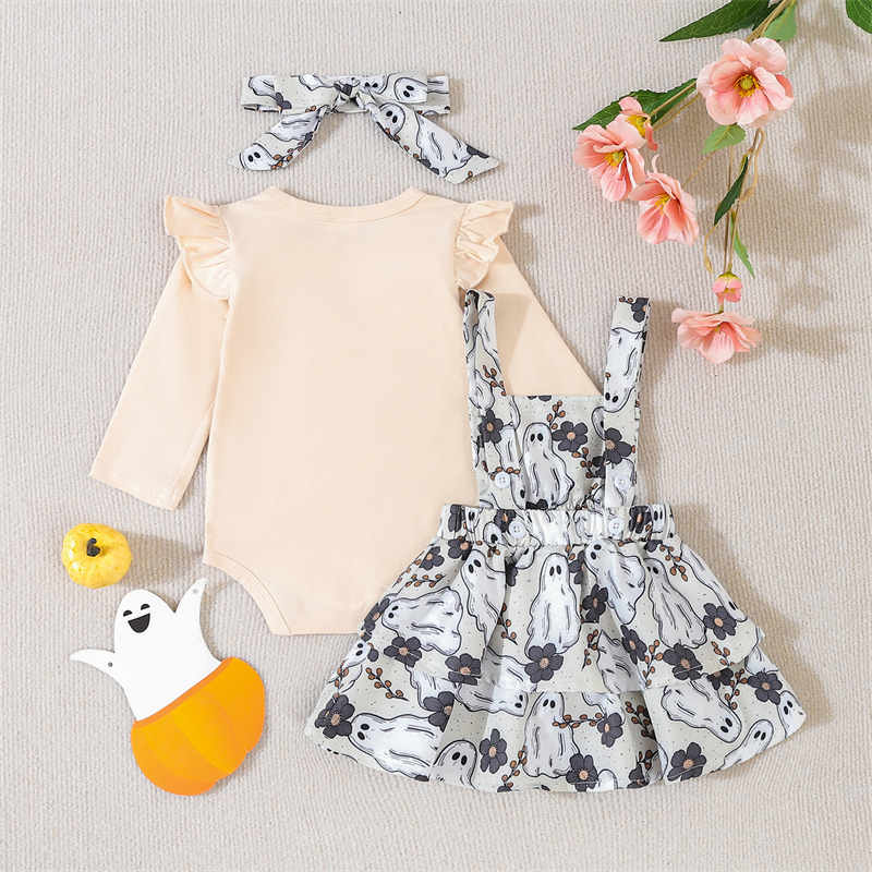 Apricot Halloween Print Long Sleeve Top + Overall Skirt