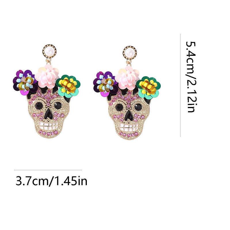 Sequin Flower Skull Halloween Earrings