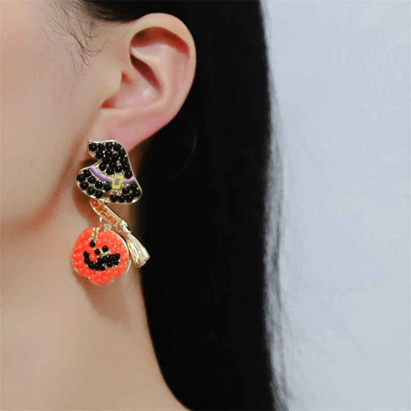 Halloween Creative Broom Hat Pumpkin Earrings