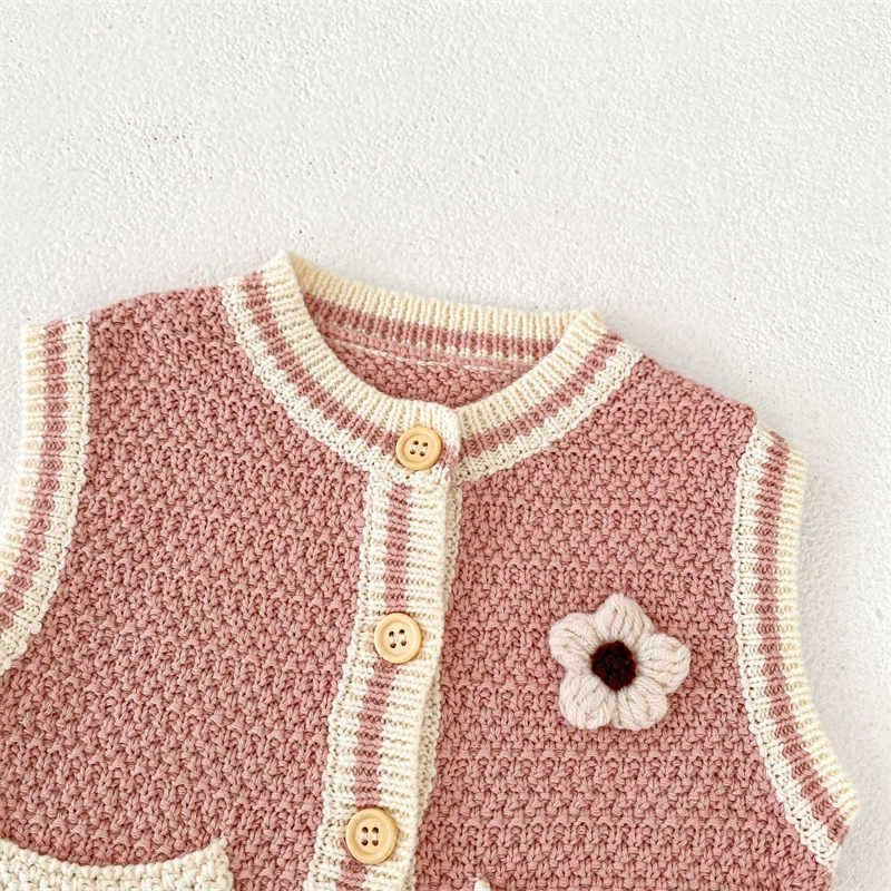 Pink Baby Pocket Flower Knit Vest Sweater