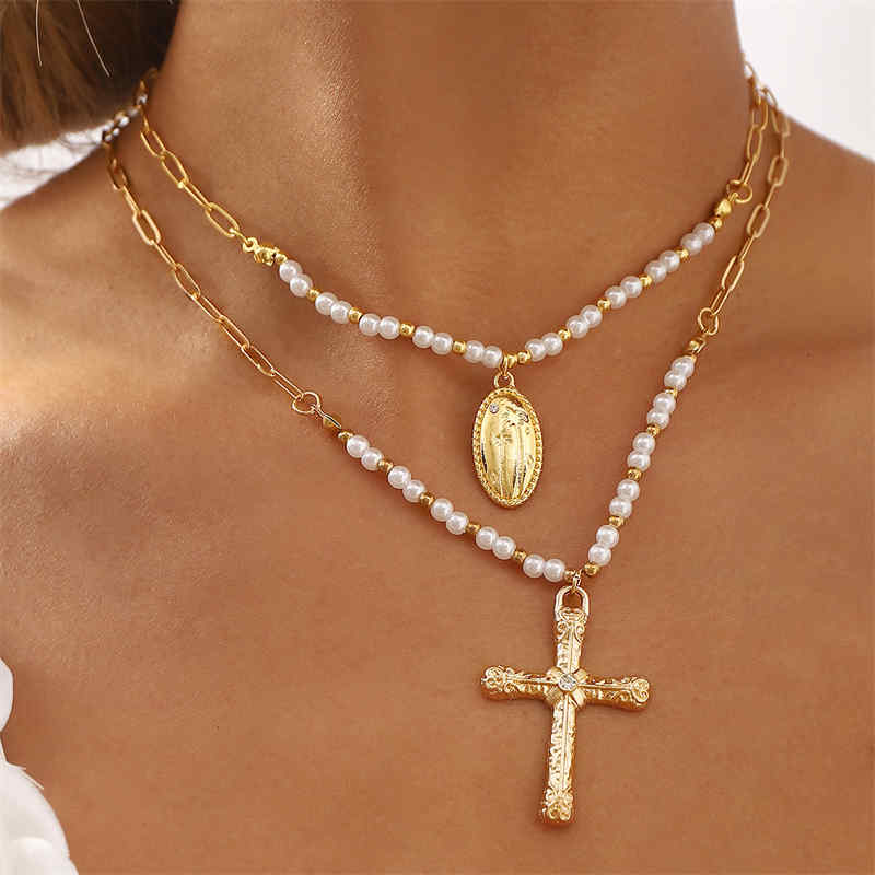 Cross Pearl Splice Folding Collarbone Chain