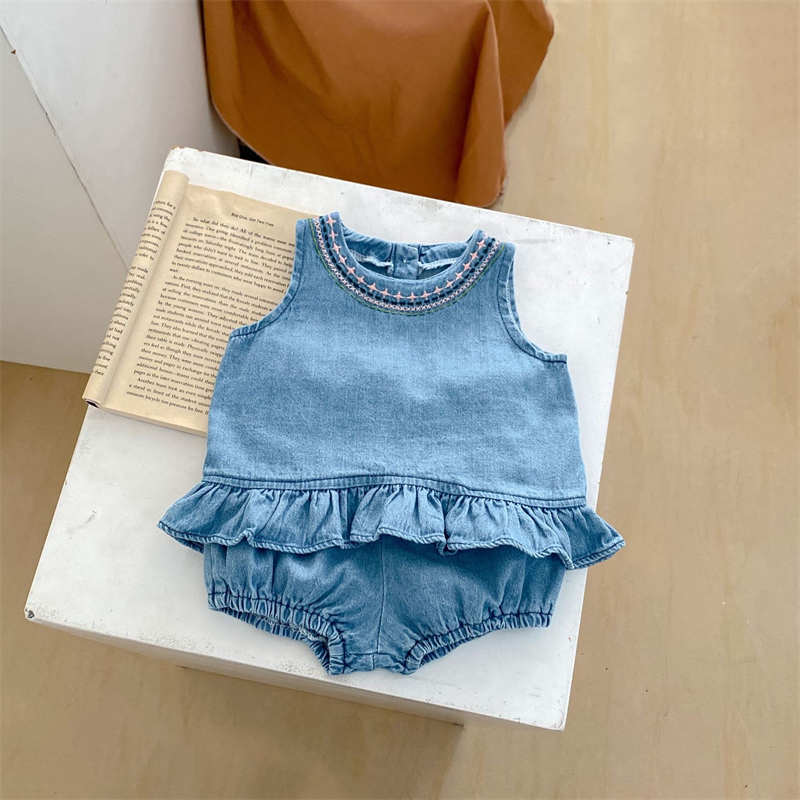 Embroidered Baby Girl Denim Suit