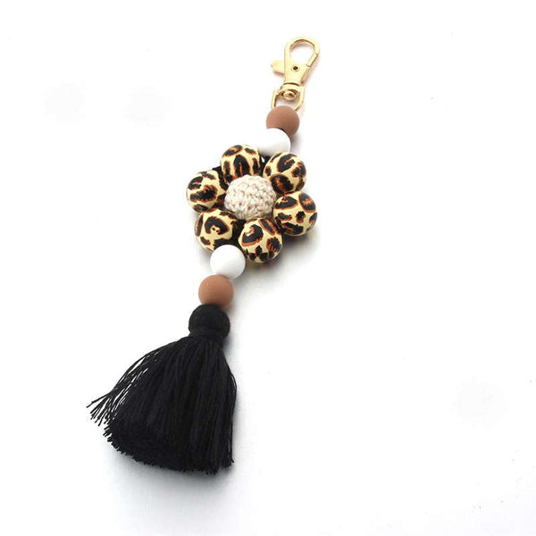 Flower Wooden Bead Tassel Keychain