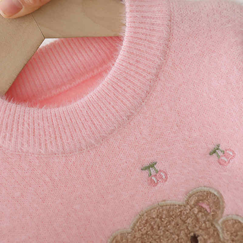 Bear Embroidered Furry Knitted Sweater