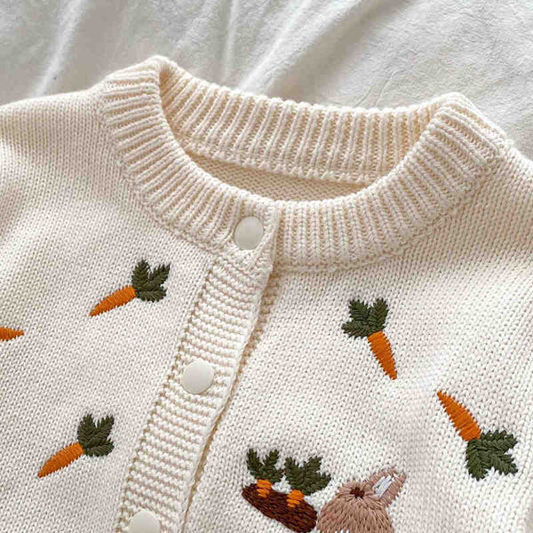 Embroidered Carrot and Rabbit Girls Sweater