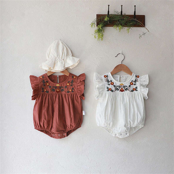 Brown-red Embroidered Romper for Baby