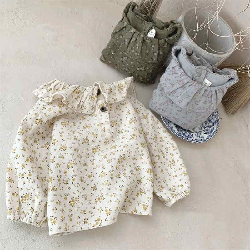 Floral Long-sleeved Loose Top with Doll Collar