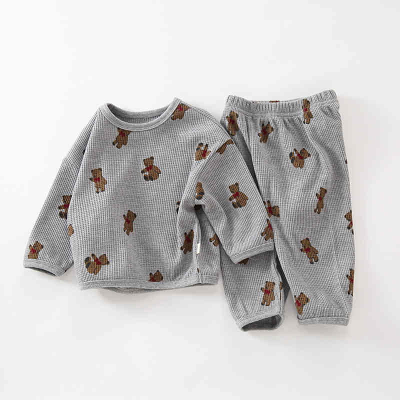 Bear Print Waffle Crew Neck Two-piece Set