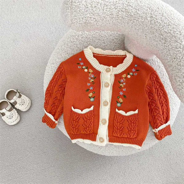 Contrast Color Baby Girl Round Neck Embroidered Sweater