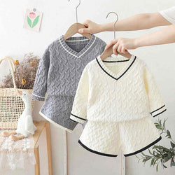 Girls V-neck Cable Sweater Two-piece Set