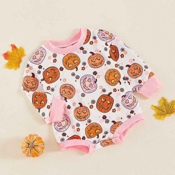 Baby Girl Pumpkin Print Long Sleeve Romper