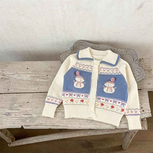 Baby Girl Lapel Cartoon Snowman Sweater Cardigan