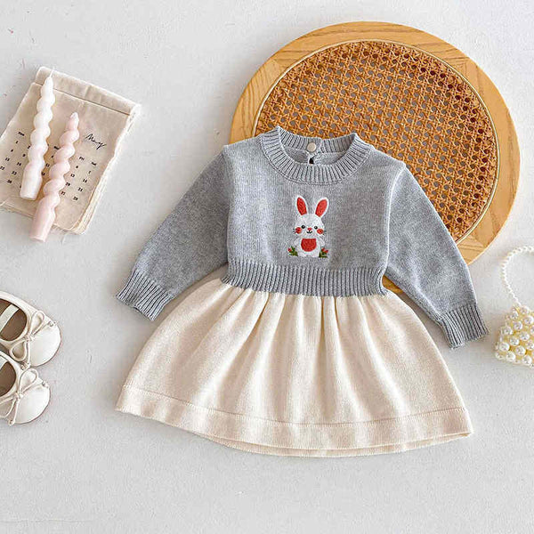 Knitted Sweater Rabbit Embroidery Baby Dress