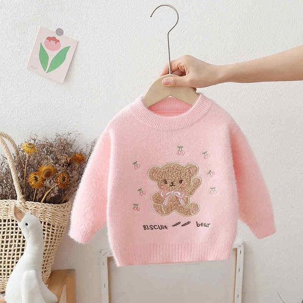 Bear Embroidered Furry Knitted Sweater